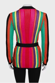 Knitted multicolored cardigan with a belt