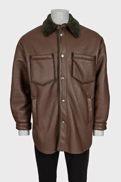 Brown eco-leather sheepskin coat