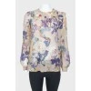 Beige silk floral pattern blouse