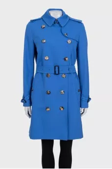Blue double-breasted wool trench coat