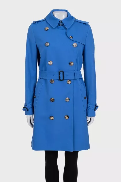 Blue double-breasted wool trench coat