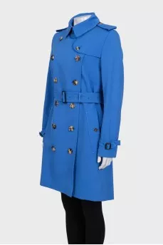 Blue double-breasted wool trench coat
