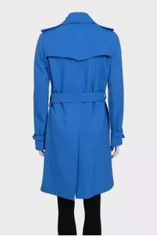 Blue double-breasted wool trench coat