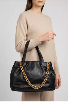 Black leather bag with gold chain