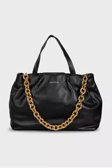 Black leather bag with gold chain