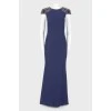 Dark blue evening dress in the floor