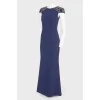 Dark blue evening dress in the floor