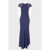 Dark blue evening dress in the floor