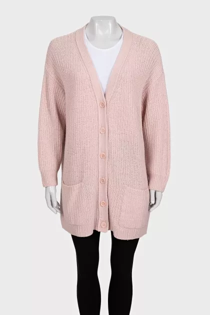 Pink knitted cardigan with a straight cut and a V-neck