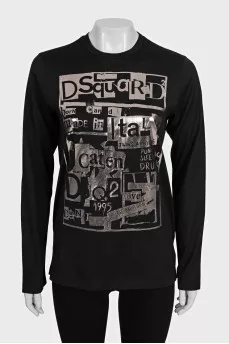 Black long sleeve t-shirt with silver print and tag