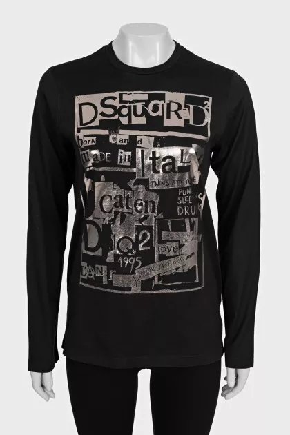 Black long sleeve t-shirt with silver print and tag