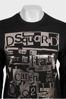 Black long sleeve t-shirt with silver print and tag