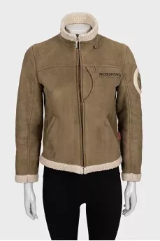 Green insulated sheepskin coat with logo