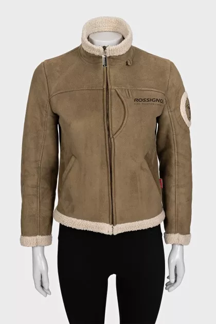 Green insulated sheepskin coat with logo