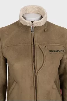 Green insulated sheepskin coat with logo