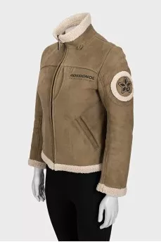 Green insulated sheepskin coat with logo