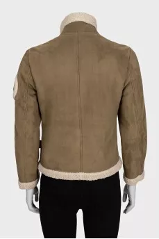 Green insulated sheepskin coat with logo