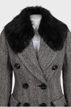Gray double-breasted coat with a fur collar
