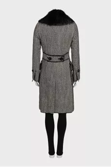 Gray double-breasted coat with a fur collar