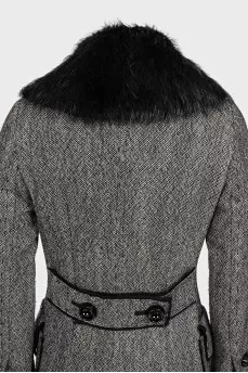 Gray double-breasted coat with a fur collar
