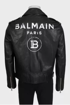 Men's leather jacket with logo on the back