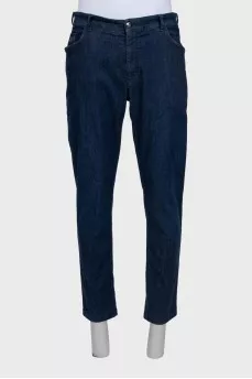 Men's dark blue straight leg jeans with leather jacron