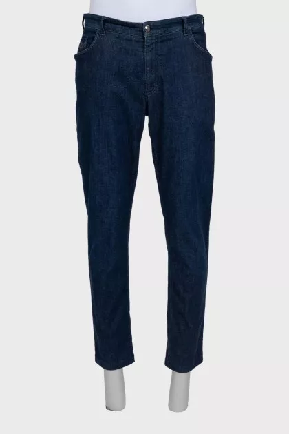Men's dark blue straight leg jeans with leather jacron