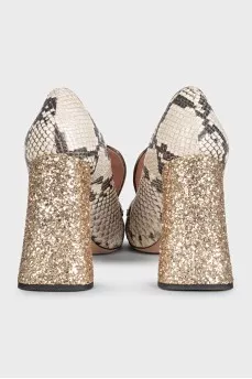 Beige leather pumps with embossed glitter heels