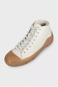 Gray leather sneakers with fur
