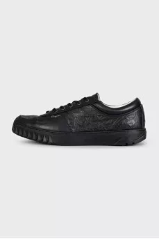 Men's black leather sneakers with branded embossing