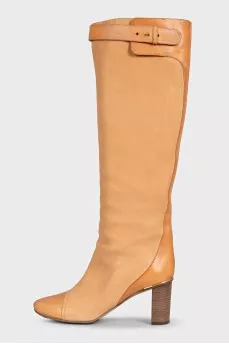 Beige leather boots with a heel