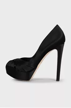 Black satin open toe heels