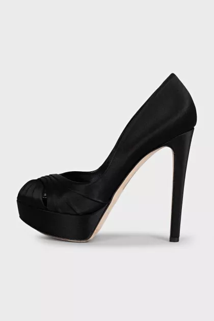 Black satin open toe heels