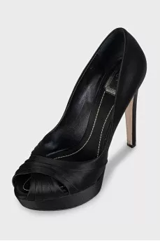 Black satin open toe heels
