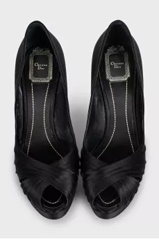 Black satin open toe heels