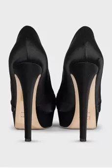 Black satin open toe heels
