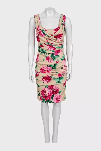 Silk dress with floral print and draping