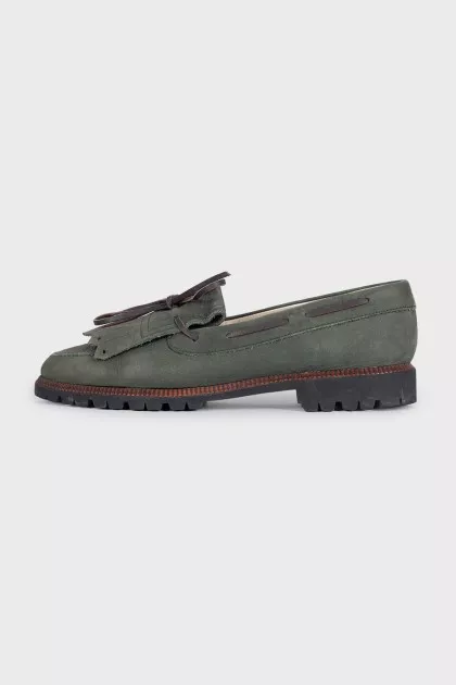 Green suede loafers with tassels