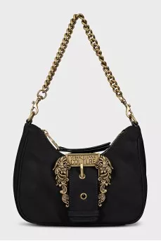 Black textile bag with a gold strap