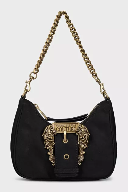 Black textile bag with a gold strap