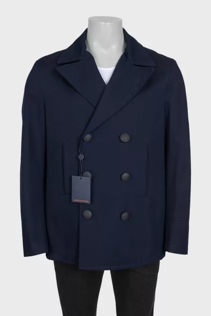 Men's blue double-breasted coat with tag