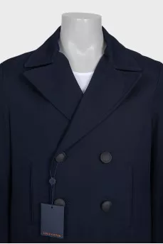 Men's blue double-breasted coat with tag