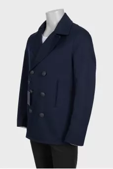 Men's blue double-breasted coat with tag