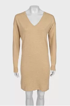 Beige wool dress with a V-neck
