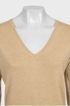 Beige wool dress with a V-neck