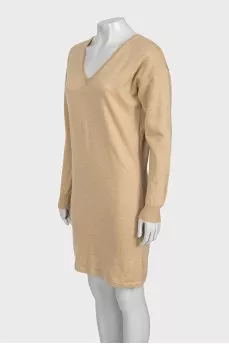 Beige wool dress with a V-neck