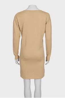 Beige wool dress with a V-neck