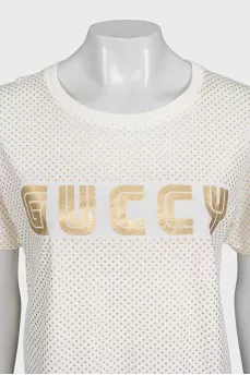 Beige T-shirt with a gold logo