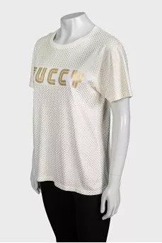 Beige T-shirt with a gold logo
