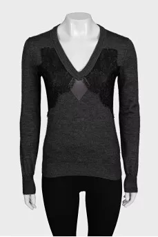 Dark blue pullover decorated with lace